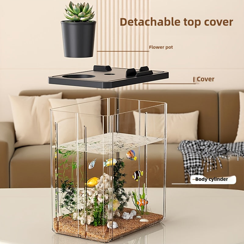 Square Acrylic Fish Bowl with Plant Holder for Desktop Aquascaping and Pet Fish Keeping