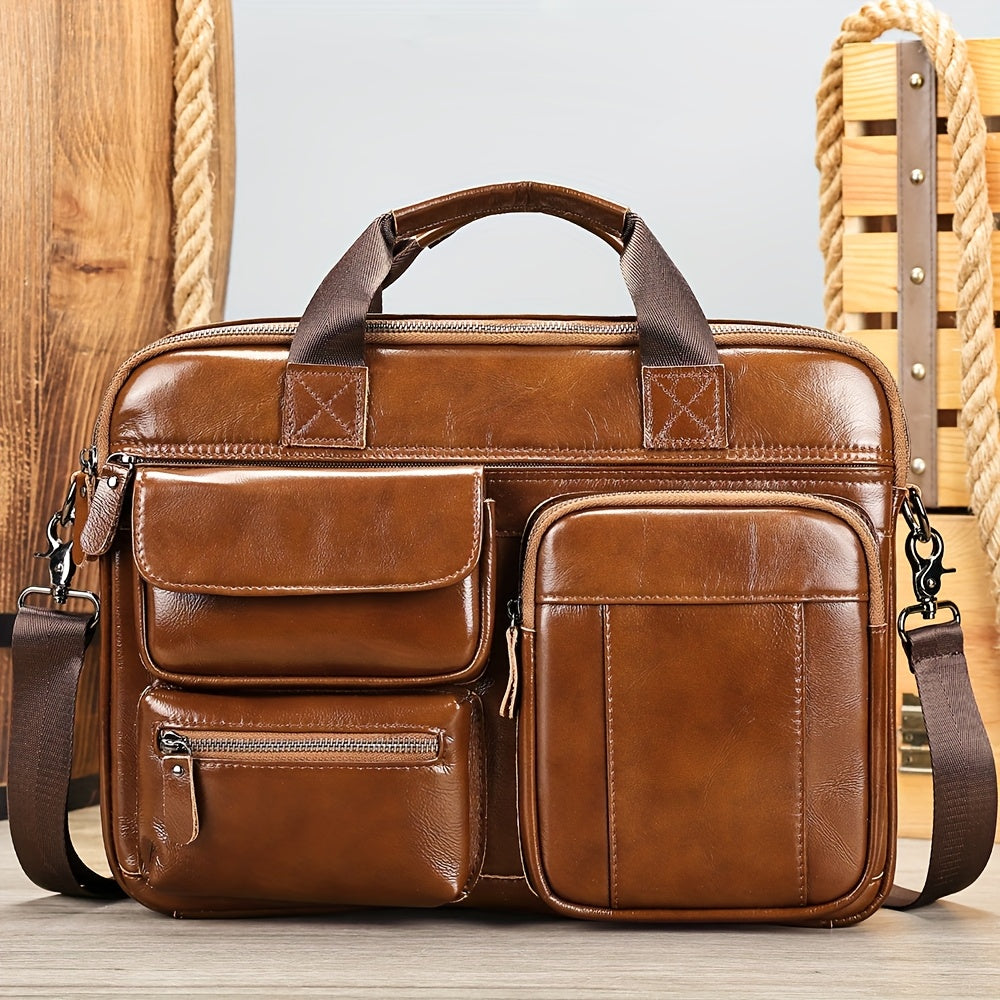 Men's Leather Business Travel Briefcase with Laptop Compartment and Adjustable Shoulder Strap in Brown
