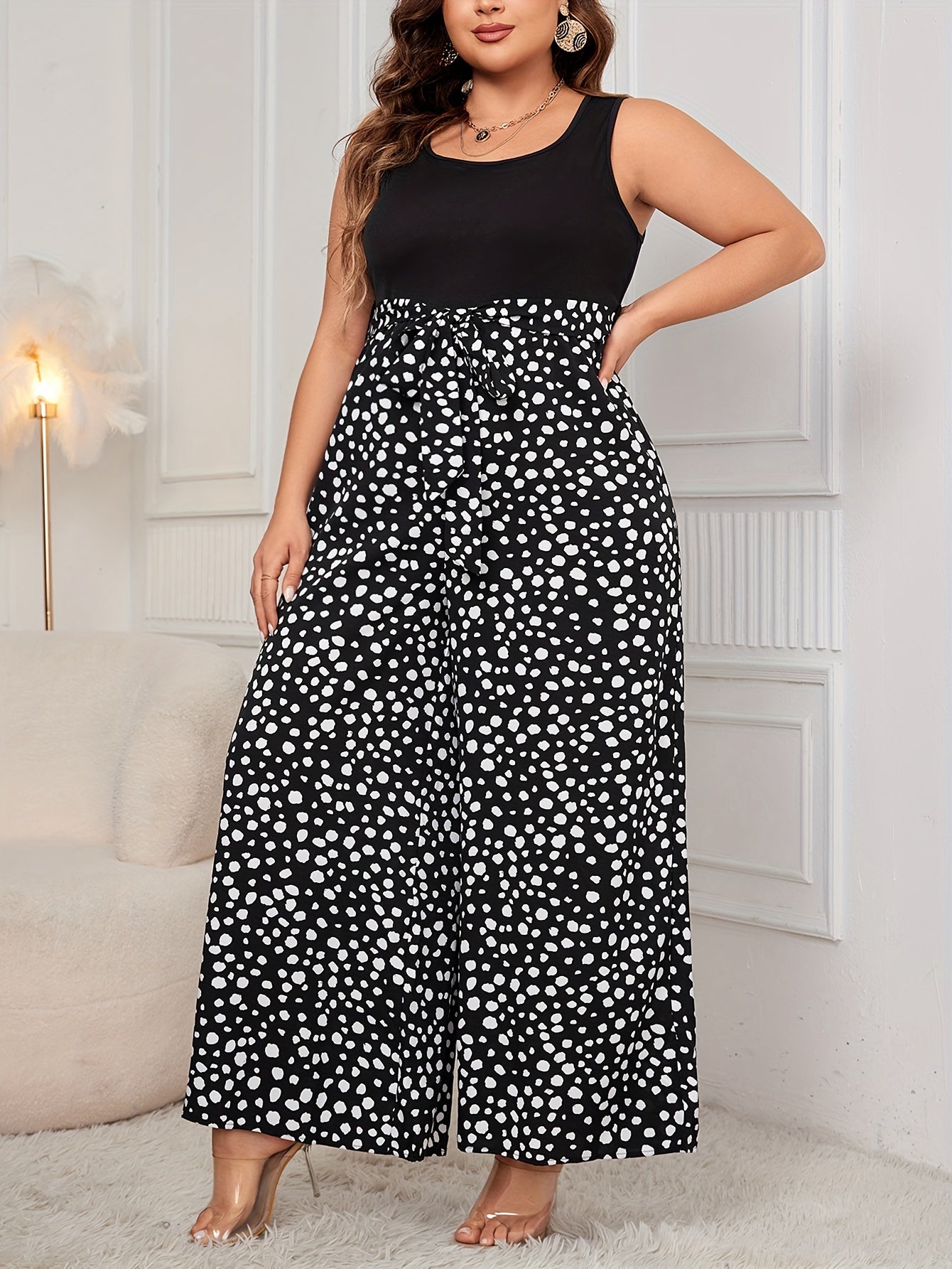 Plus Size Polka Dot Jumpsuit for Women Sleeveless Wide-Leg Tie Waist Summer