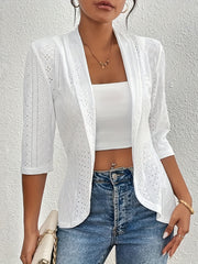 Plus Size Women's Light White Half Sleeve Cardigan with Eyelet Embroidery