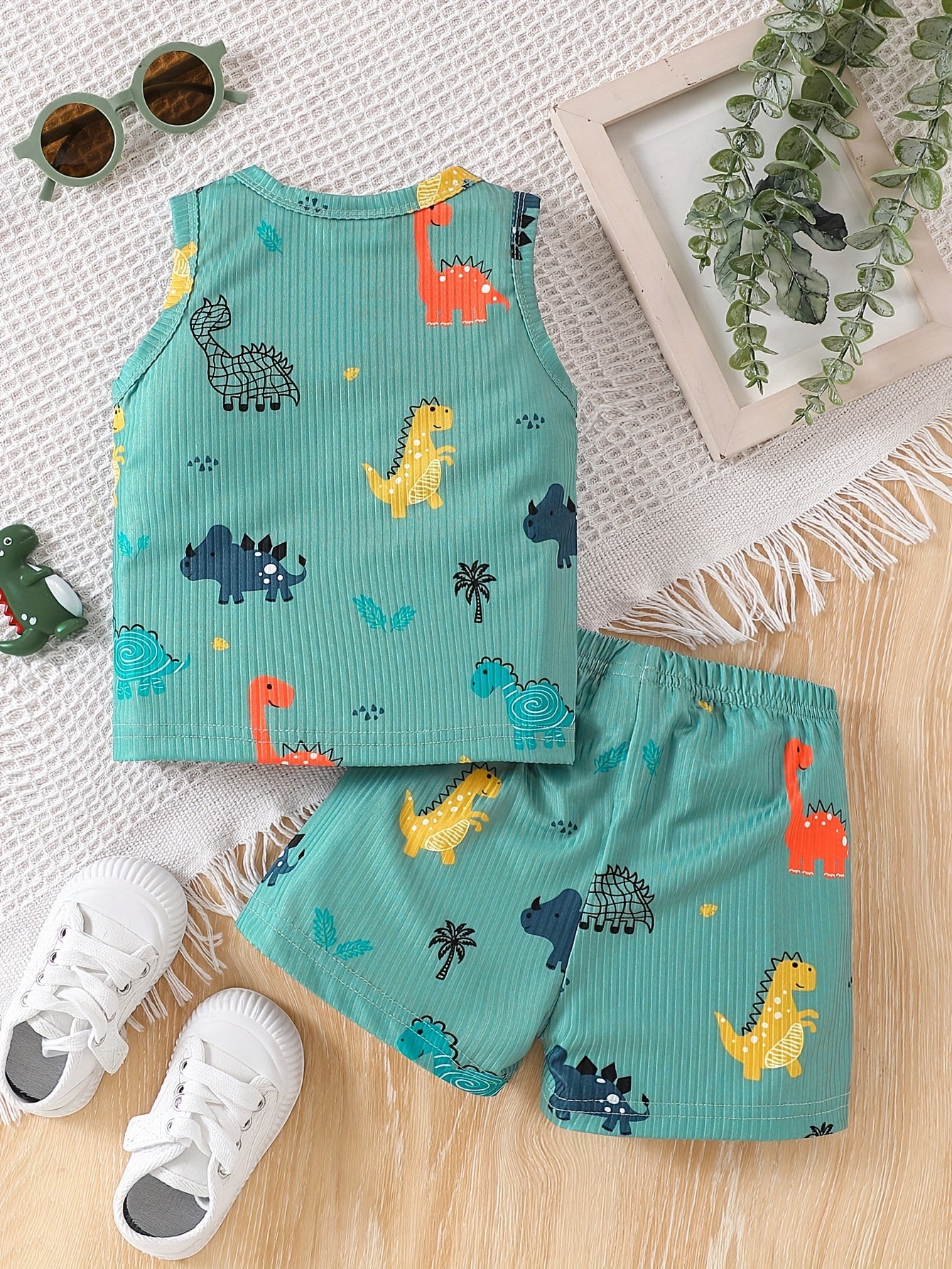 Kids Boys Summer Dinosaur Print Sleeveless Vest and Shorts Set