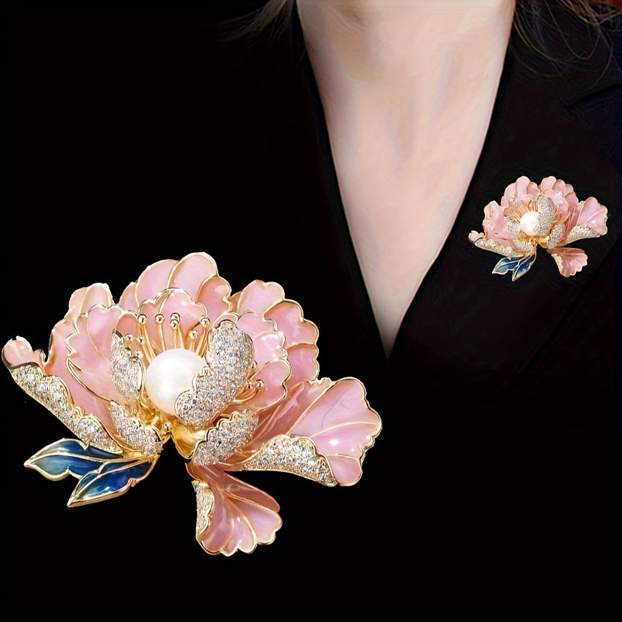 Elegant Enamel Peony Brooch for Women Faux Pearl Floral Pin Accessory