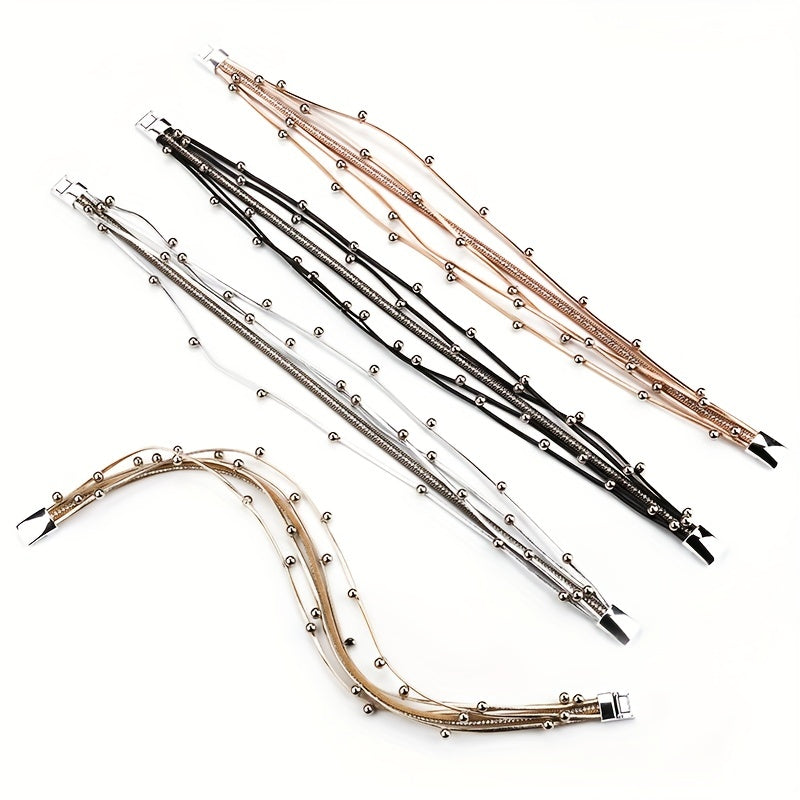 Multi-Layer Faux Leather Bracelet for Men Women Double Wrap Rhinestones Gift