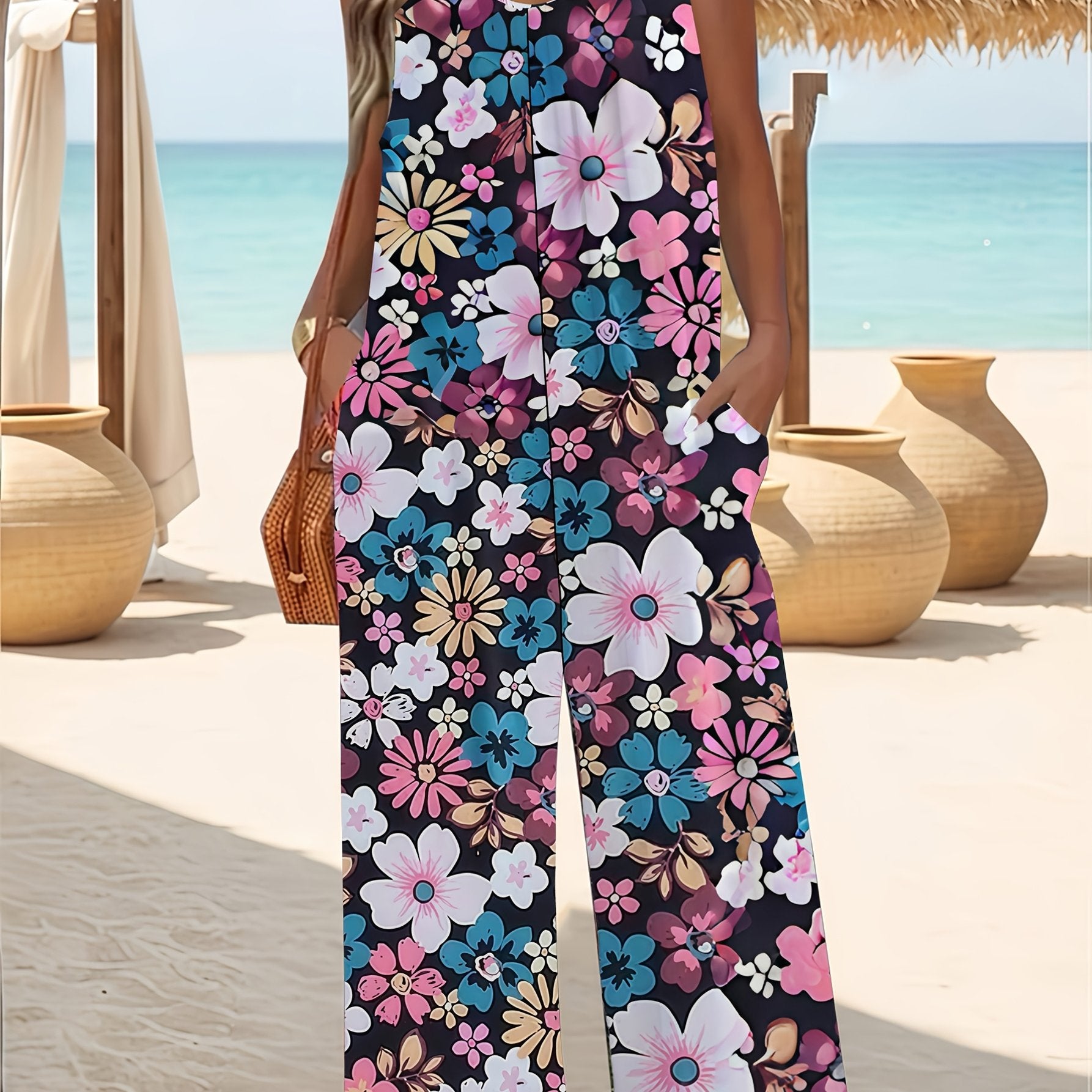 Mono sin mangas de verano con estampado bohemio para mujer, ligero, con escote en V y ropa de playa