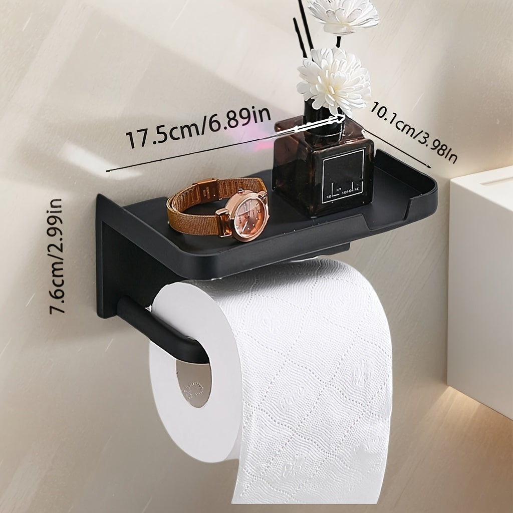 Wall-Mounted Toilet Paper Holder with Phone Shelf Polished Finish Self-Adhesive Bathroom Storage