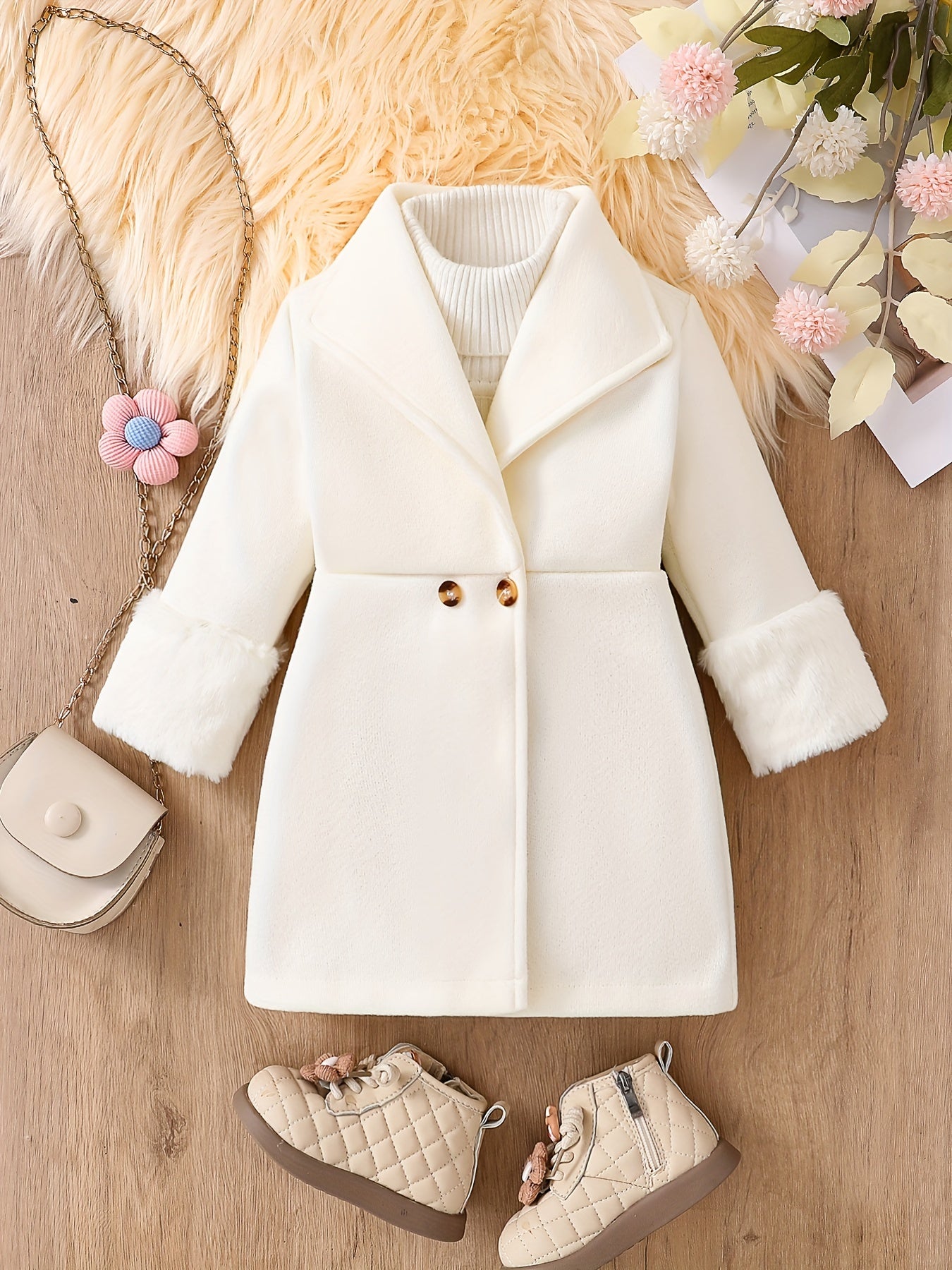Girls Winter Coat with Faux Fur Trim Plush Lining Lapel Collar Solid Color