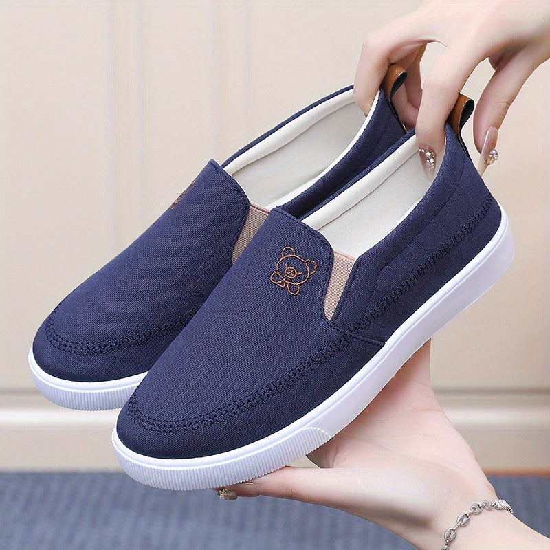 Women's Embroidered Slip-On Sneakers Breathable Casual Flats Navy Blue Black