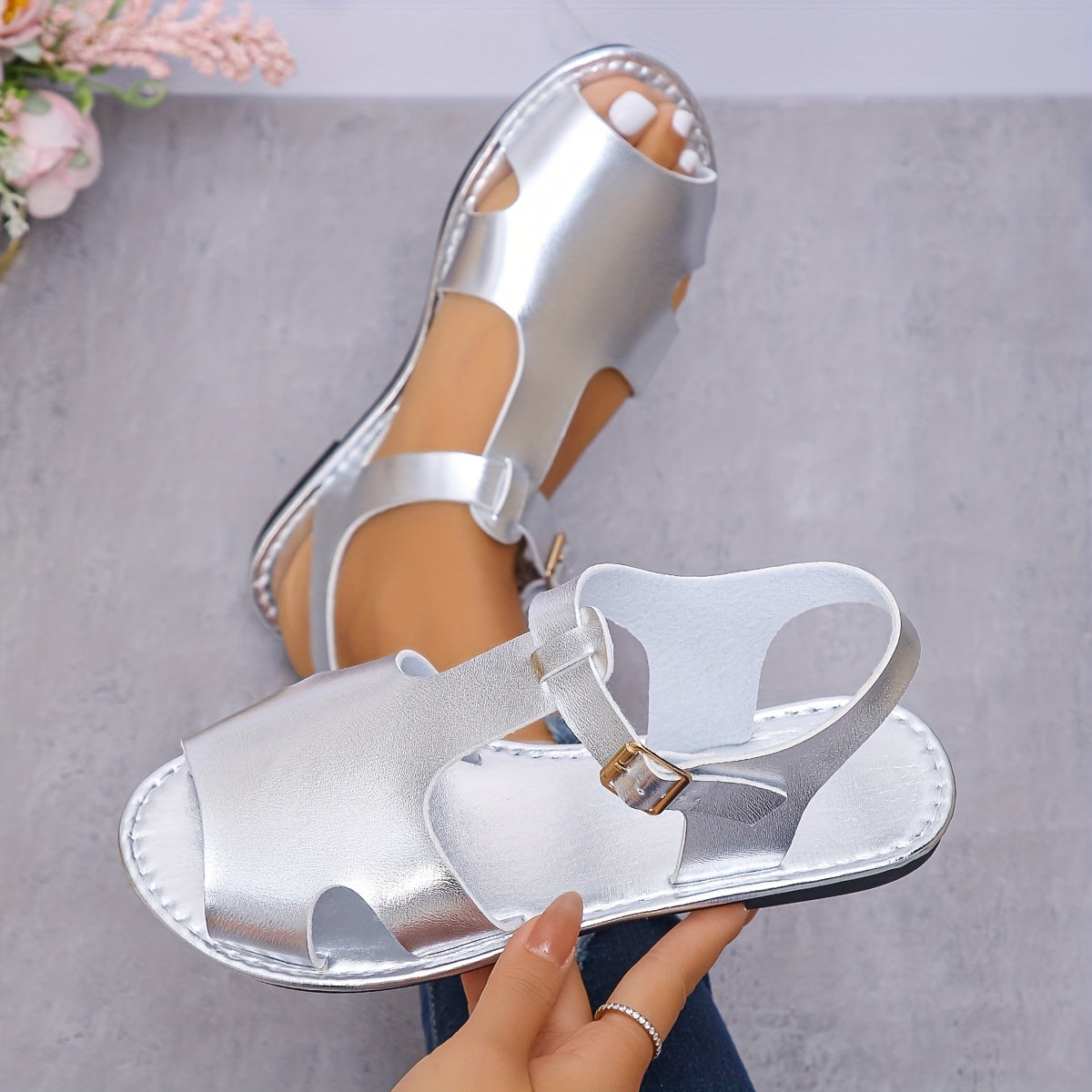 Women's Red Faux Leather Peep-Toe Flat Sandals for Summer Casual