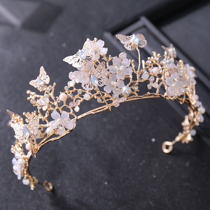 Невестная цветочная корона с жемчугами, стразами и бабочкой, аксессуар для свадебных причесок