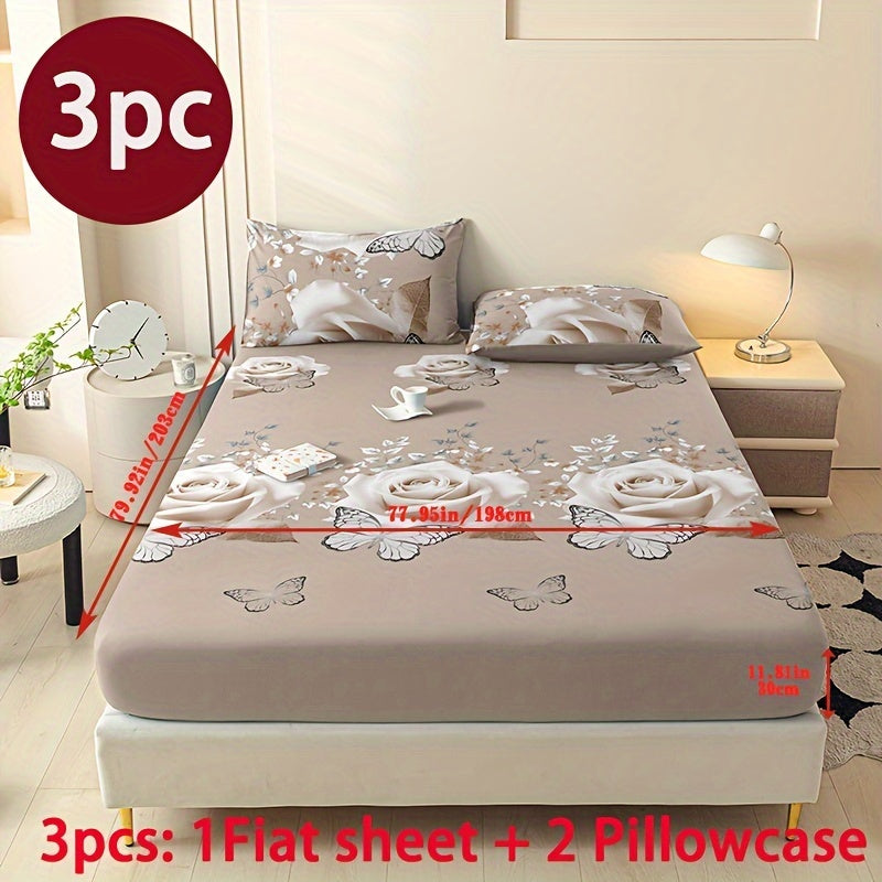 Conjunto de ropa de cama floral de 3 piezas de poliéster para todas las estaciones con fundas de almohada y colcha