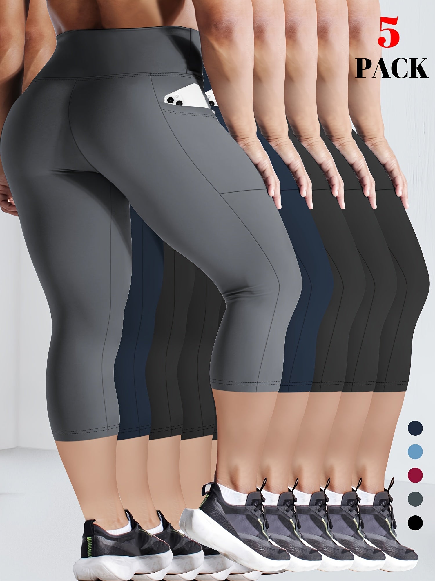 Women's High-Waisted Tummy Control Capri Leggings with Pockets, 4-Way Stretch