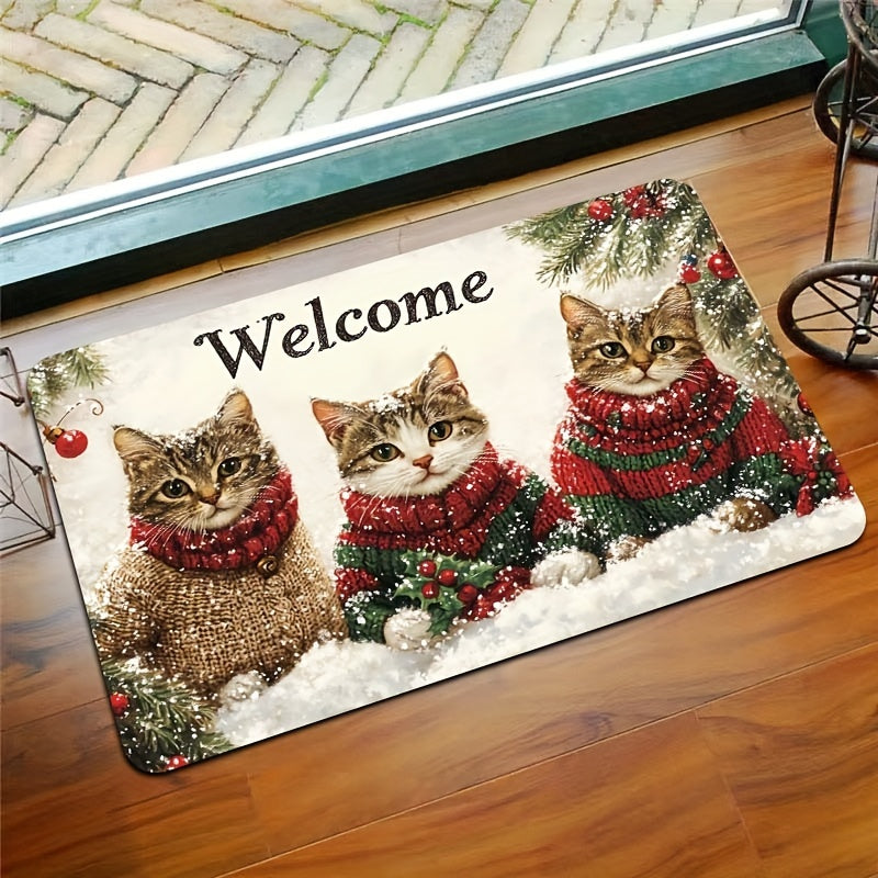 Festive 3 Cats Christmas Welcome Mat Indoor Doorway Rug Polyester Non-Slip