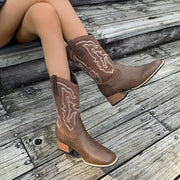 Women's Leather Chunky Heel Boots Square Toe Slip On Fashion Comfortable