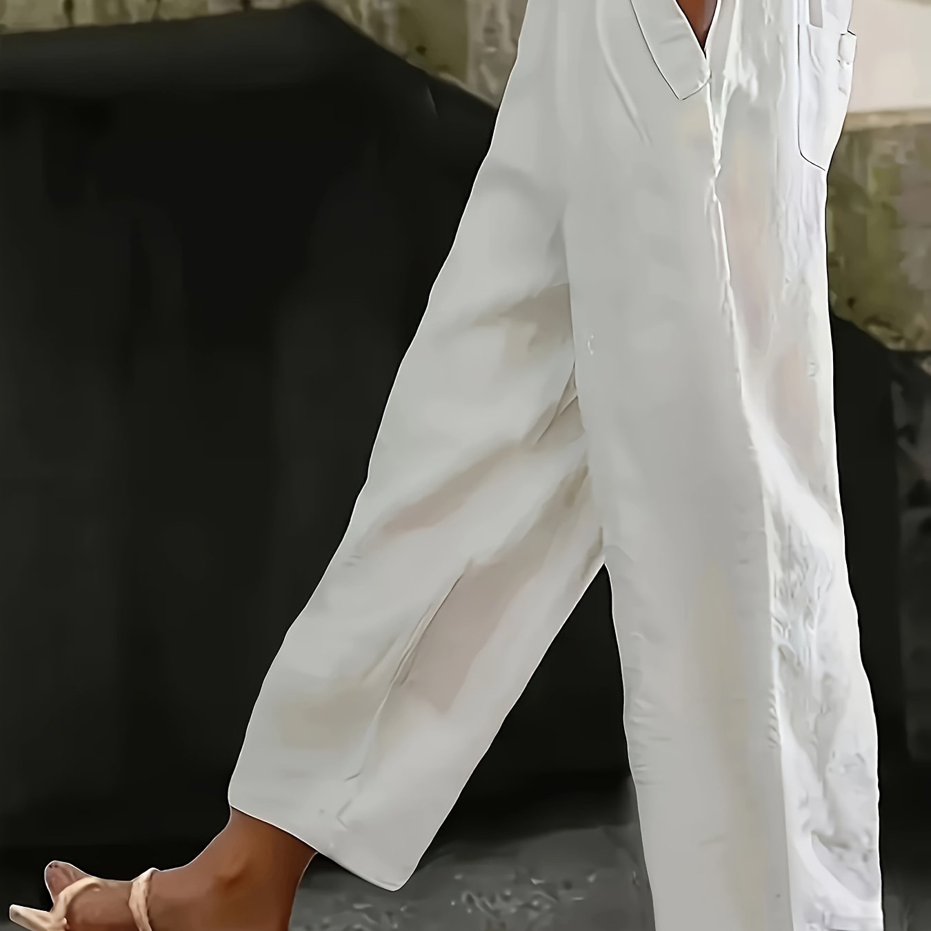 Pantalones casual de talla grande para mujer con cintura elástica y bolsillos, color sólido, pierna ancha