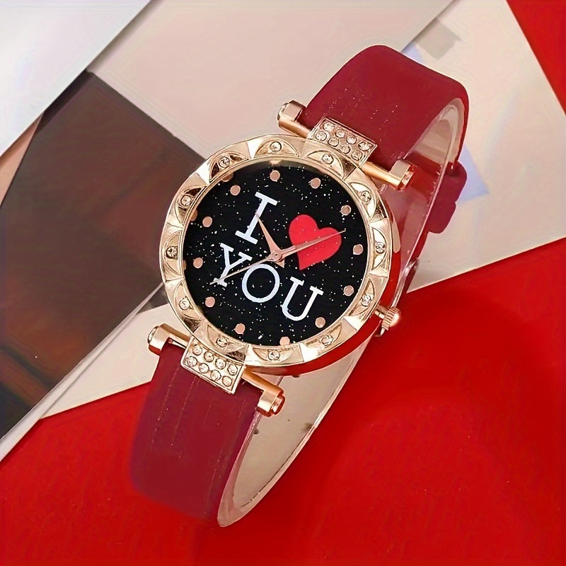 Women's Rhinestone Quartz Watch and Jewelry Set with Heart "I Love You" Design 5 Pieces