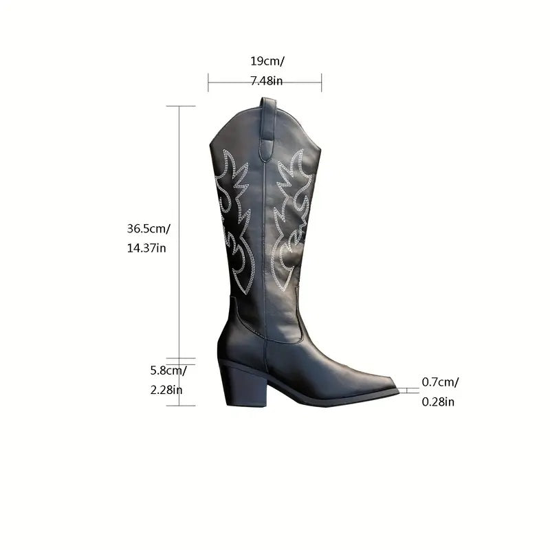 Women's Black Leather Pointed Mid-Calf Boots Western Style Music Festival