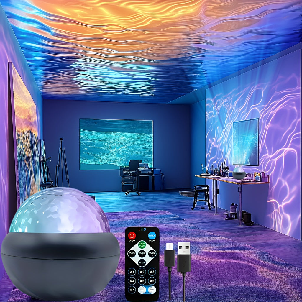 7-Color LED Night Light Water Ripple Effect USB Remote Control for Bedroom and Ambiance