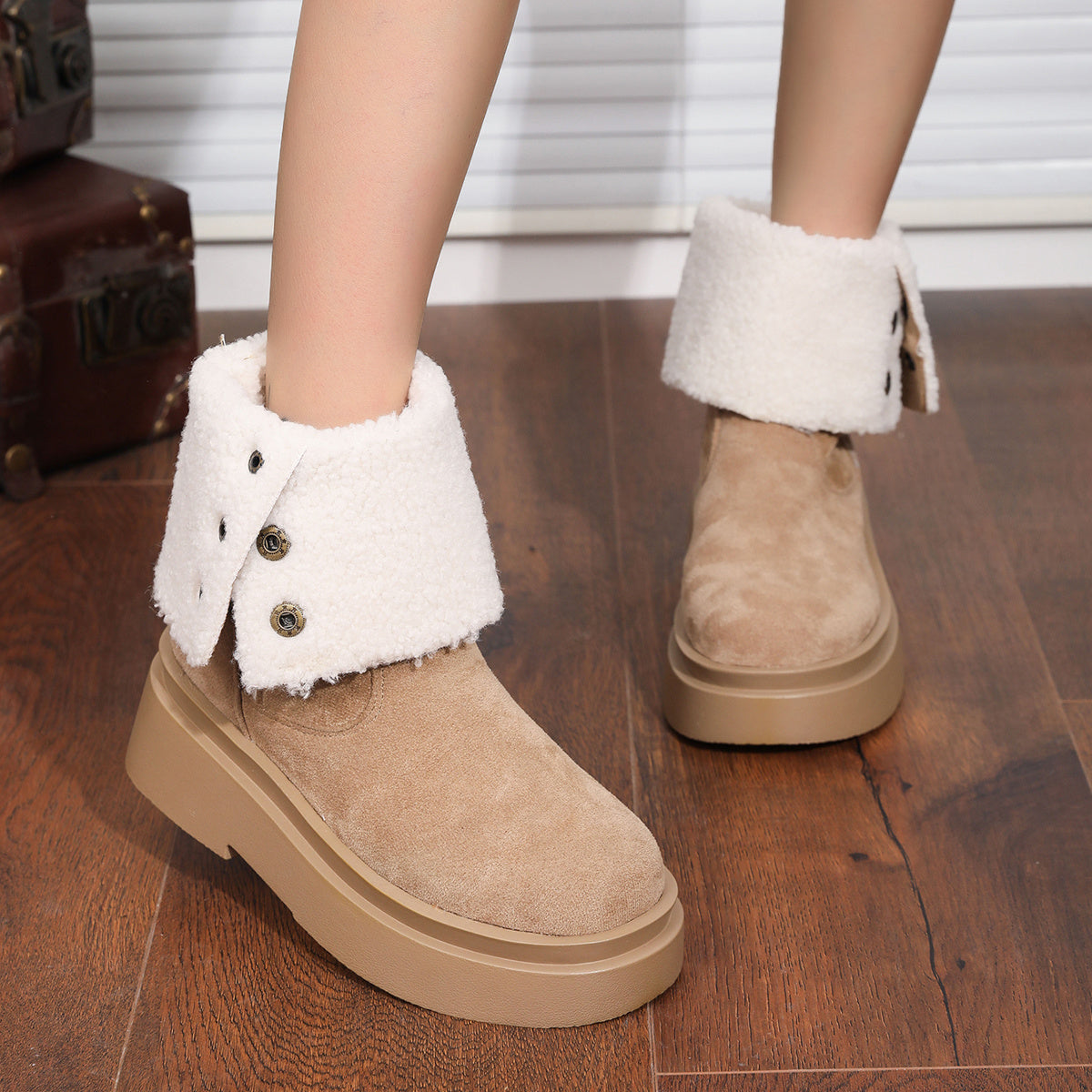 Women's Fleece Mid-Calf High Heel Western Cowboy Boots with Buckle