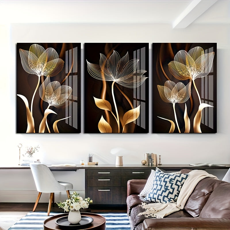 Conjunto de arte de pared abstracto moderno en lienzo con flores en negro, marrón y dorado para decoración de sala de estar, sin marco