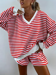 Women's Striped Lounge Set Long Sleeve V-Neck Shorts Casual Fall Wear