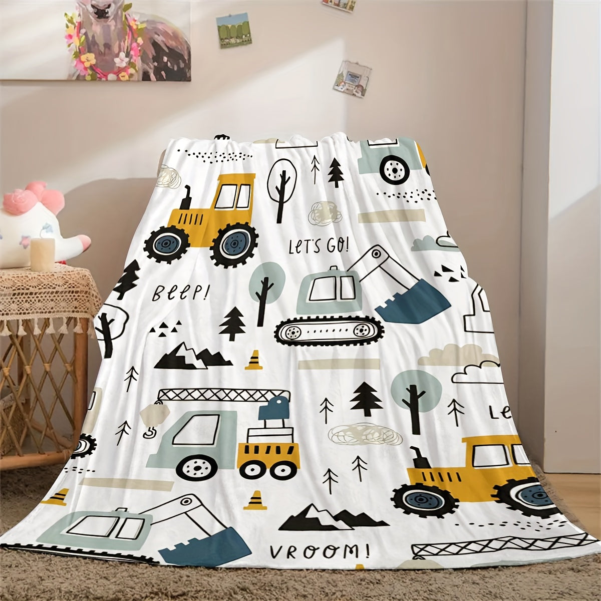 Cartoon Excavator Flannel Fleece Blanket for Sofa Nap Camping Travel All-Season