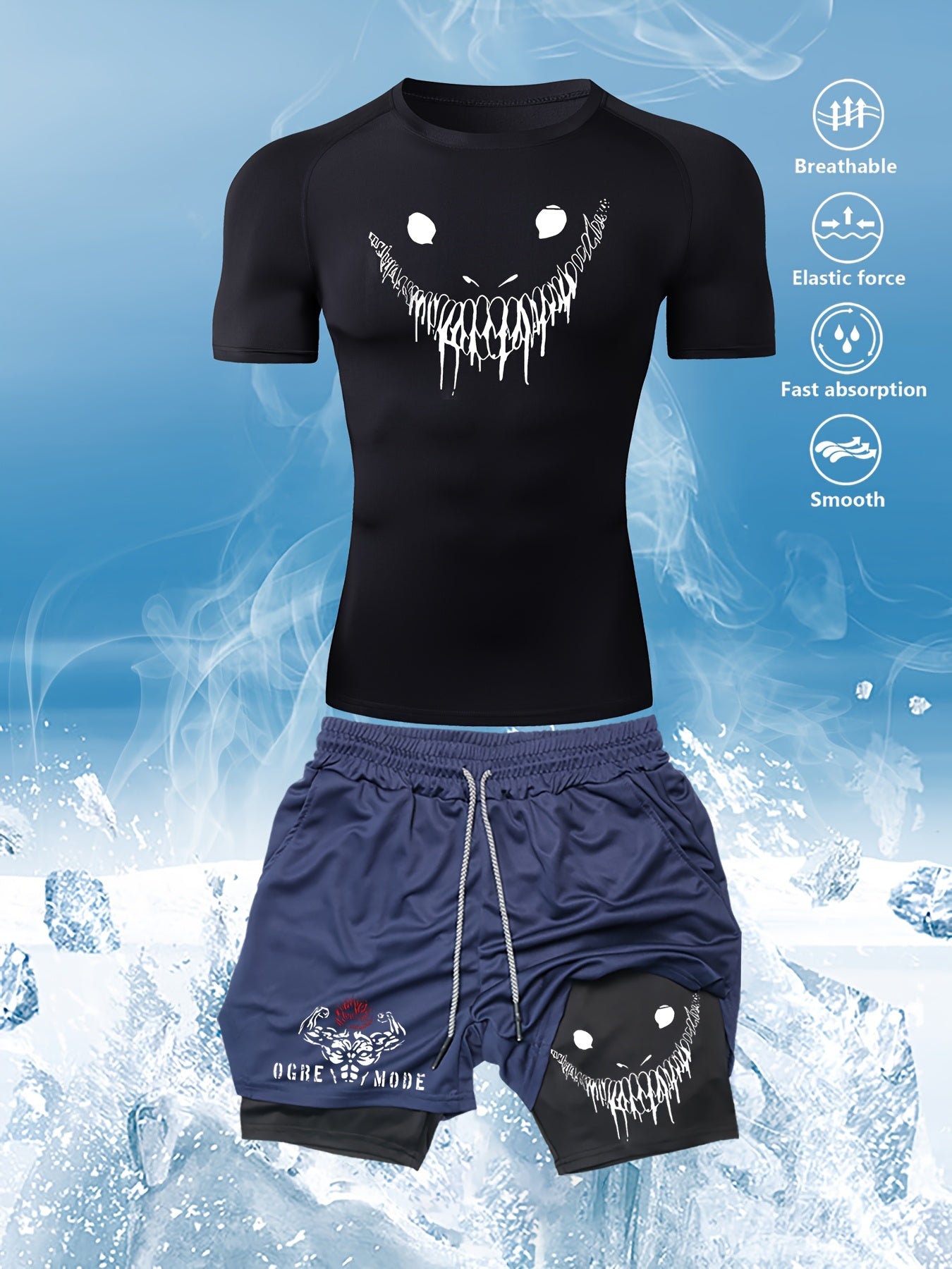 Men's Sportswear Set Quick-Dry Compression T-Shirt and Breathable Knit Running Shorts