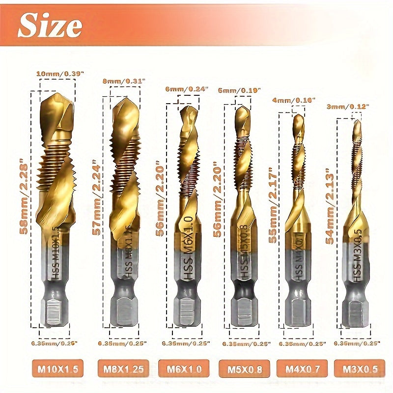 6-Piece Titanium Drill and Tap Bit Set 1/4 Inch Hex Shank M3-M10 High-Speed Steel