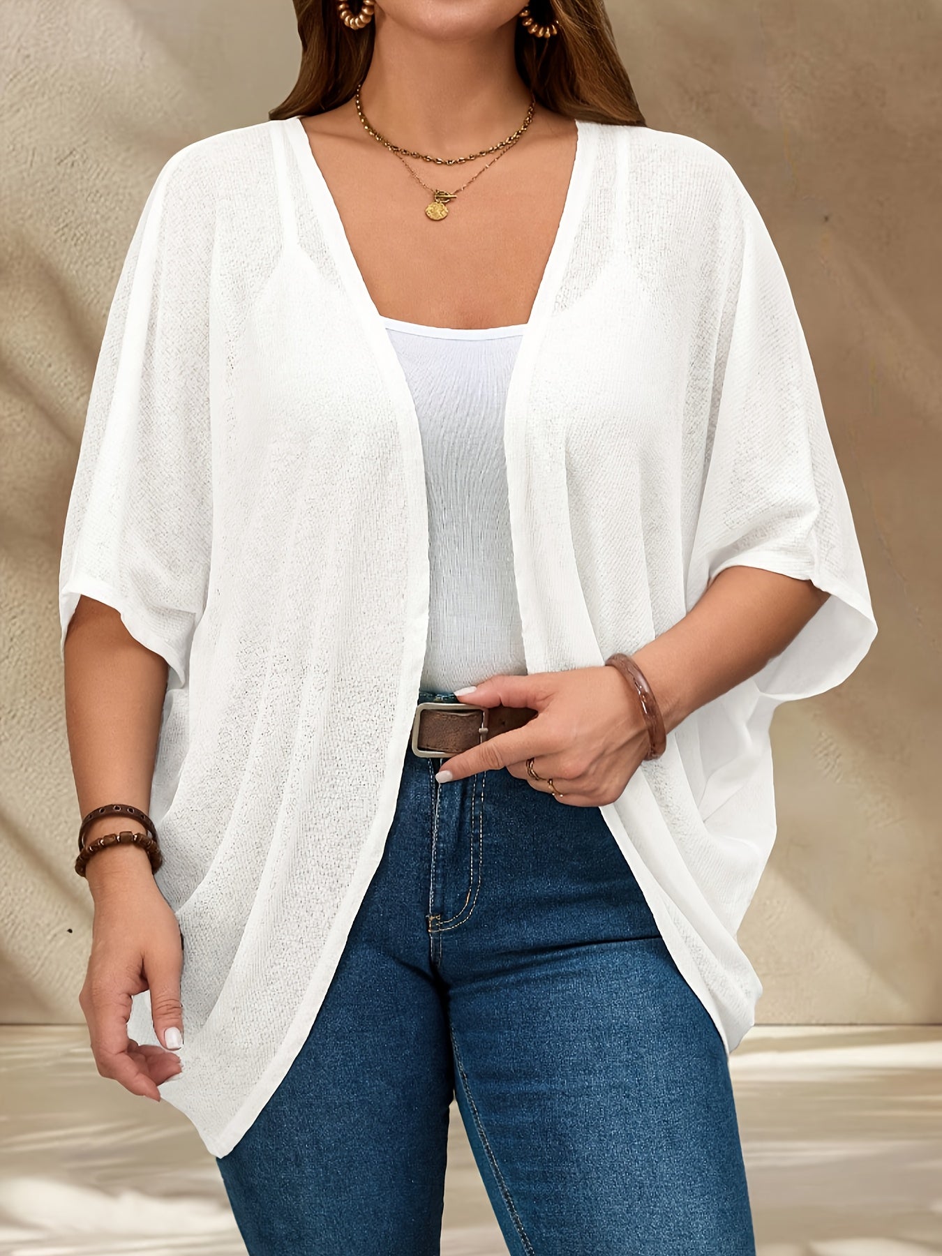 Женский кардиган большого размера белого цвета с рукавами летучая мышь и открытой передней частью, легкий из полиэстеровой смеси