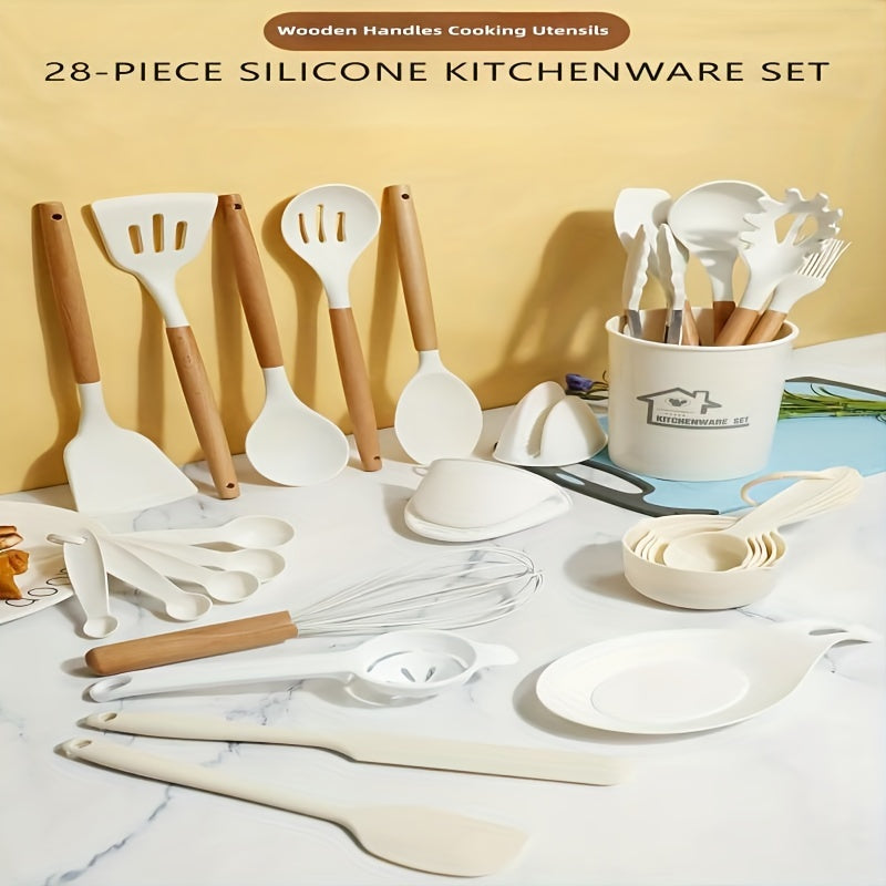 28-Piece Silicone Kitchen Utensil Set with Wooden Handles Non-Stick Washable