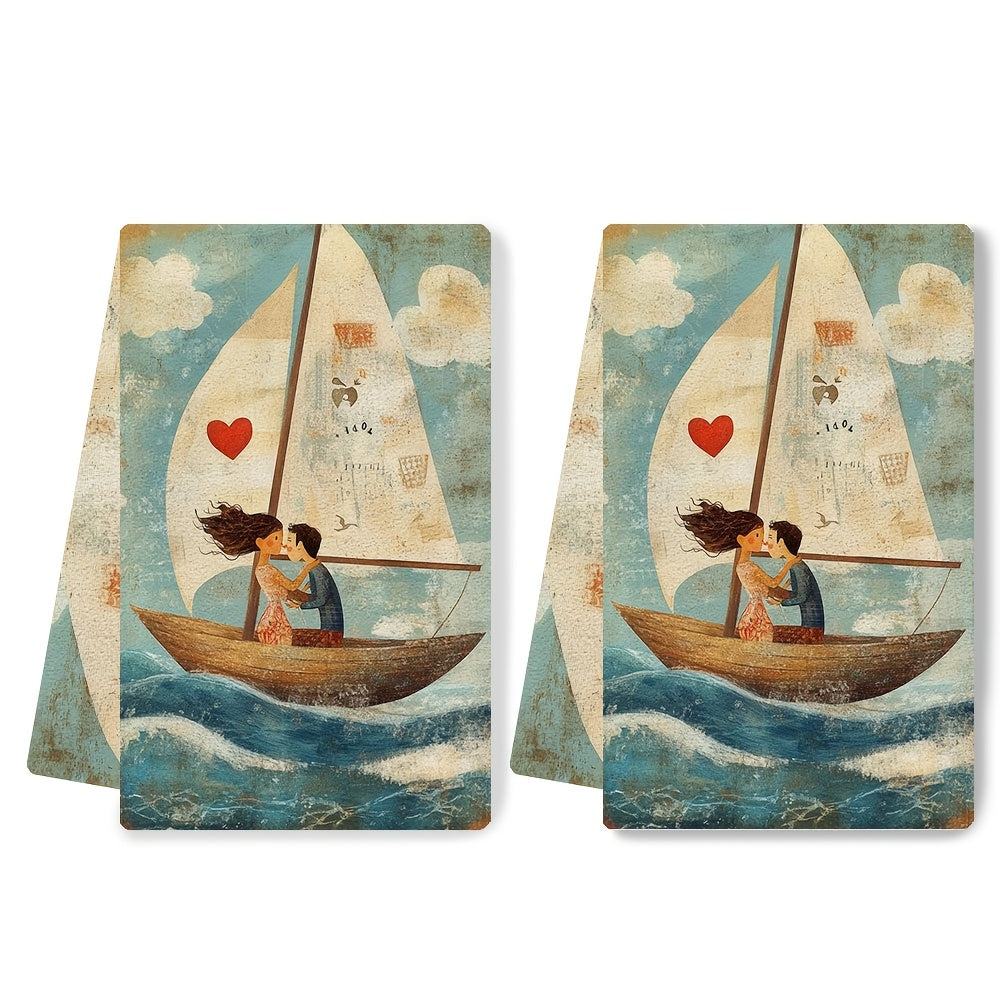 Two Pieces Ultra Soft Kitchen Towels Sailing Heart Illustration Absorbent Quick Dry