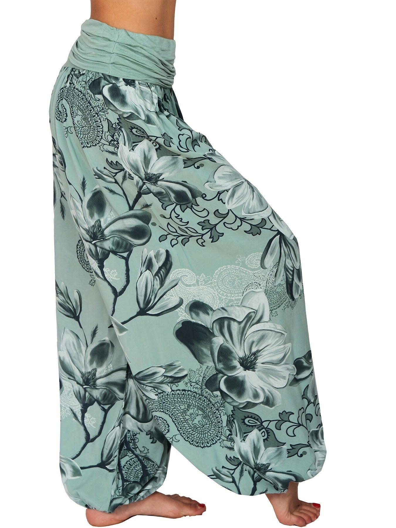 Pantalones harem de estampado floral para mujer en azul y blanco, de poliéster ligero, con pierna ancha, estilo casual para vacaciones