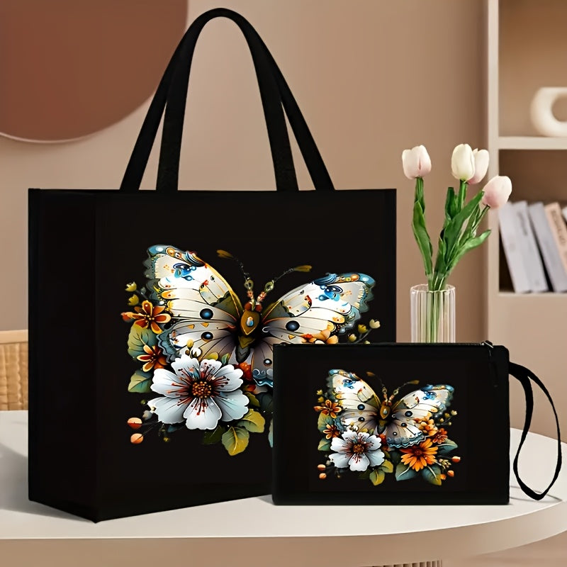 2-Piece Canvas Tote Bag and Wallet Set with Butterfly Floral Print Black