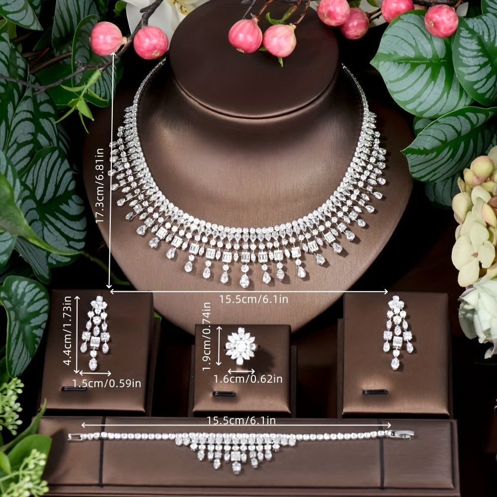 Conjunto de joyería nupcial con adornos de rhinestone: collar, pendientes, pulsera y anillo