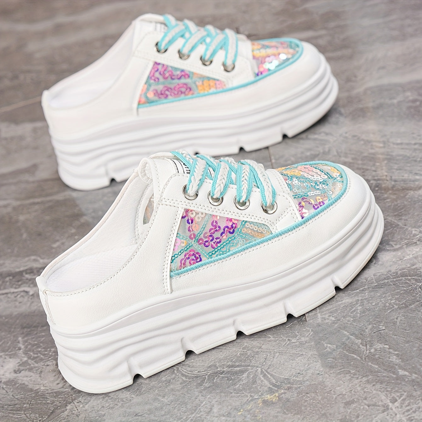 Women's Summer Platform Sneakers with Sequin Accents Breathable PU Rubber Sole