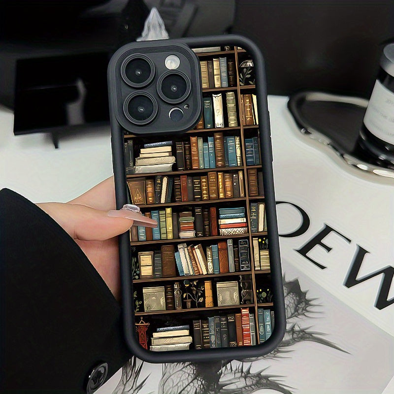 Black Anti-Fall Phone Case for iPhone 7-16 with Retro Bookshelf Design TPU