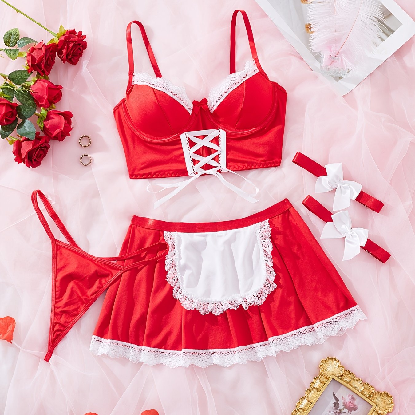 Seductive Lingerie Set with Maid Theme Includes Bra Short Skirt Thong and Pantyhose