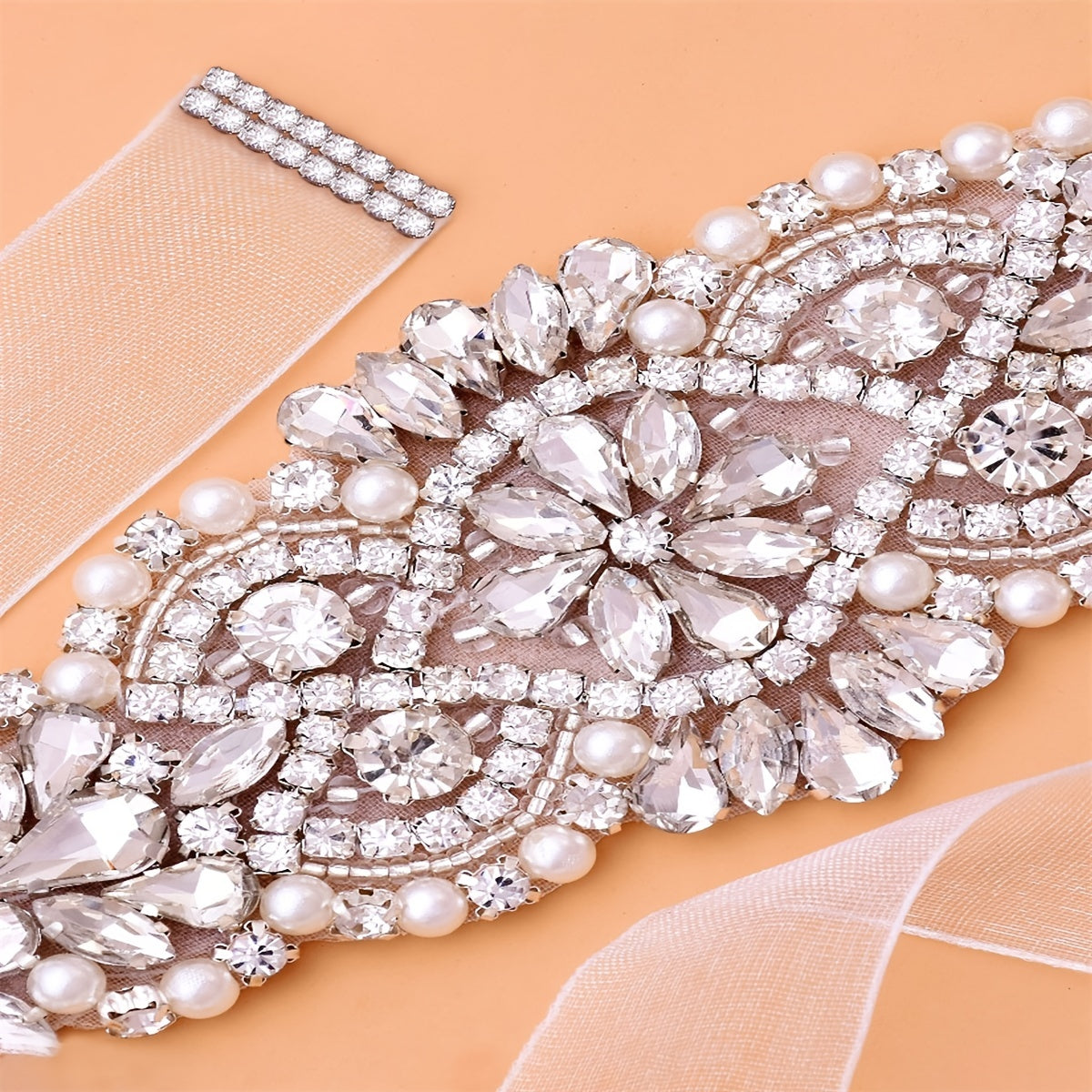 Handcrafted Rhinestone Bridal Belt Waist Chain Sash with Faux Pearl Beads Wedding Dress Accessory