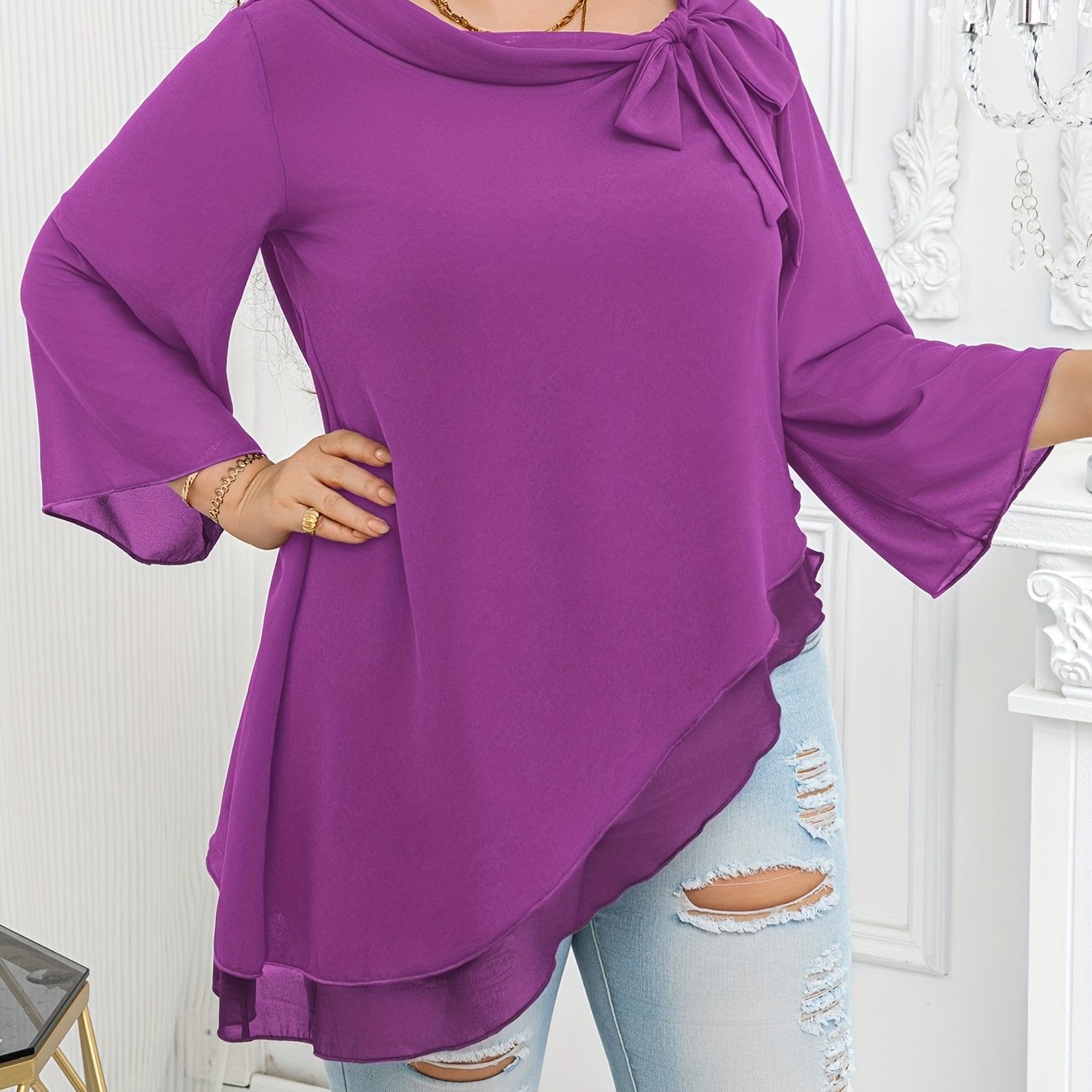 Women's Plus Size Blouse With Asymmetrical Hem Bow Ruffle Polyester Vacation Top