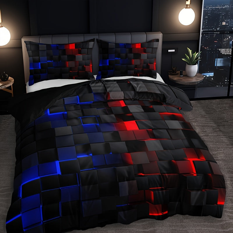 Grid Print Bedding Set 3-Piece Duvet Cover and Pillowcases for Bedroom or Guest Room