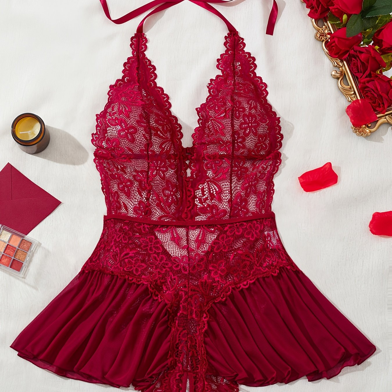 Plus Size Red Lace Lingerie Bodysuit with Sheer Mesh and Backless Halter Design
