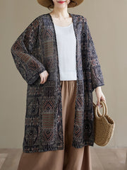 Women's Plus Size Light Beige Ethnic Print Long Sleeve Beach Cover-Up