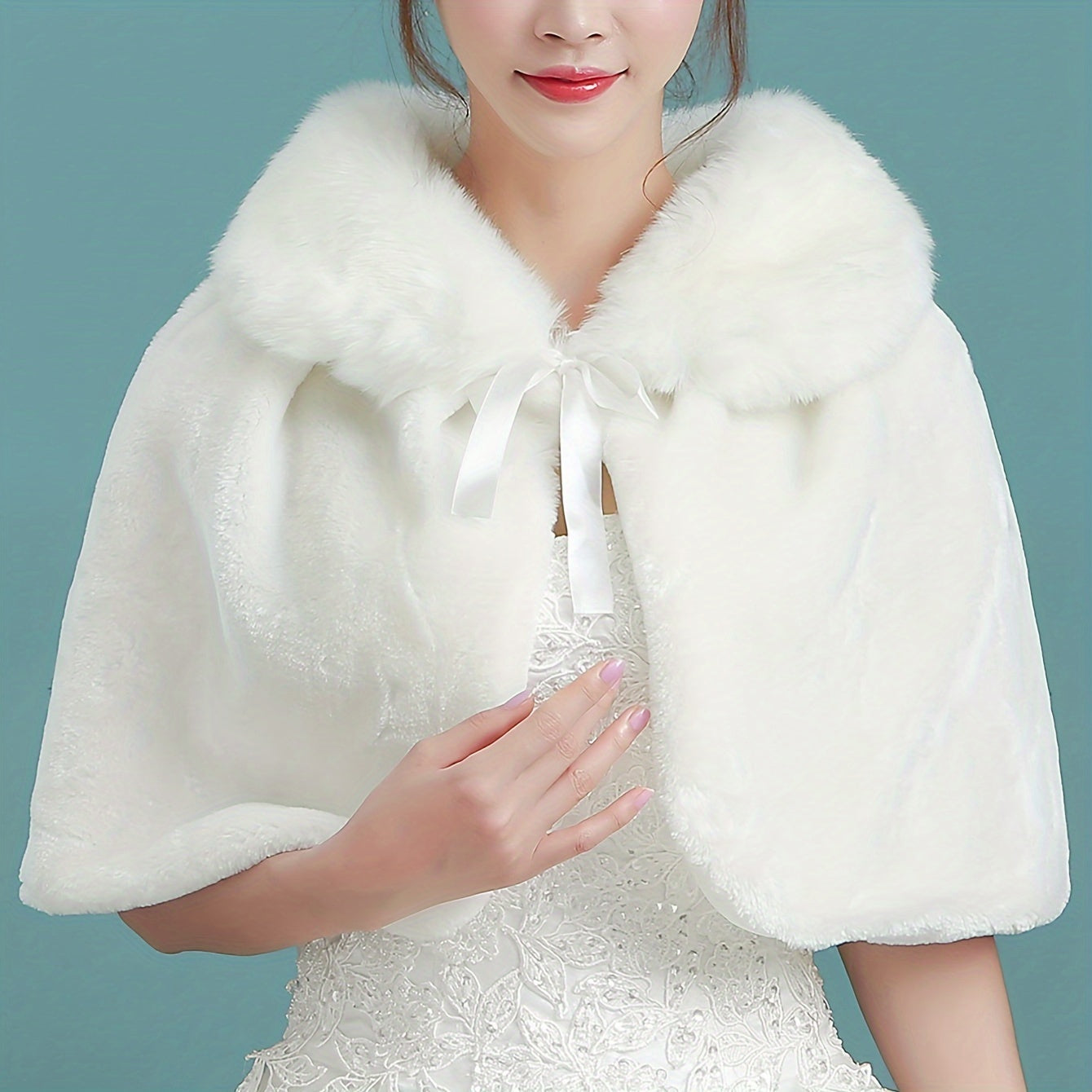 White Faux Fur Shawl for Women Bridal Wedding Party Fall Winter Elegant Cape