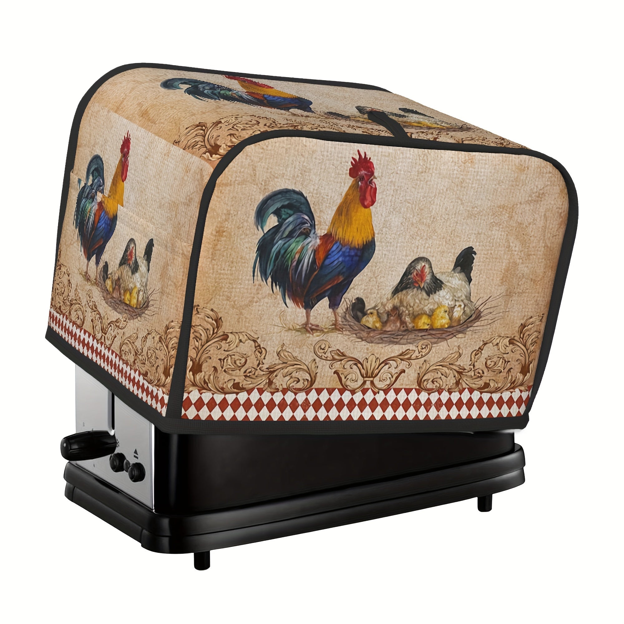 Bir dona Vintage Rooster Print Toaster Cover va ikki dona Wide Slot Toaster Cover. Ushbu zamonaviy qopqoqchalar kichik oshxona jihozlaringizni himoya qilish va ularni toza saqlash uchun mo'ljallangan. Ular tozalash uchun oson va sizning