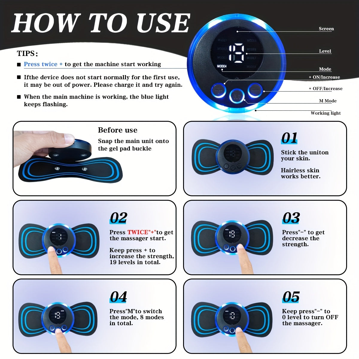 Home Massager with 3 Attachments USB Rechargeable 8 Modes 19 Intensity Levels for Men and Women