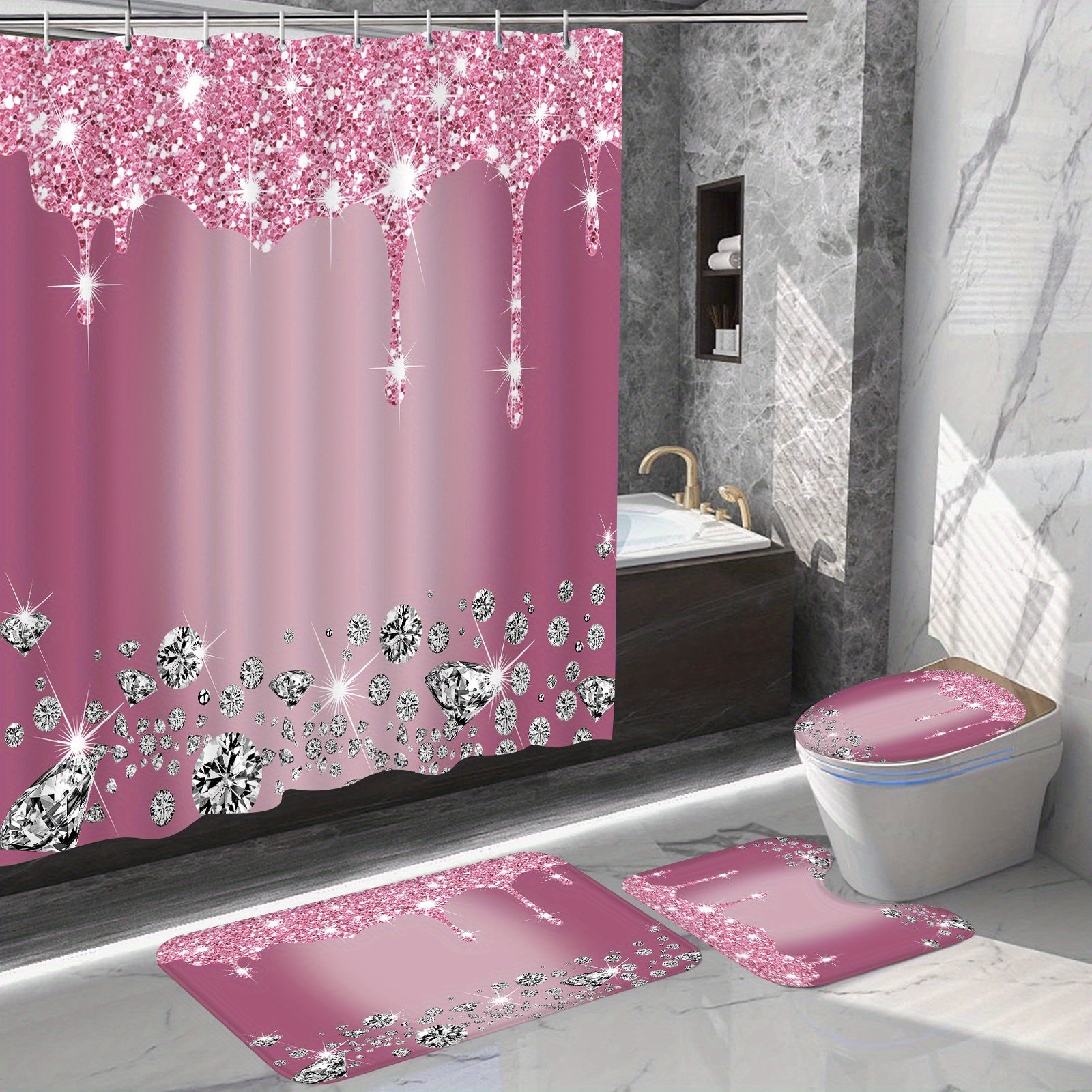 4-Piece Bathroom Set with Diamond Shower Curtain, Non-Slip Rugs, Toilet Cover Mat and Room Partition