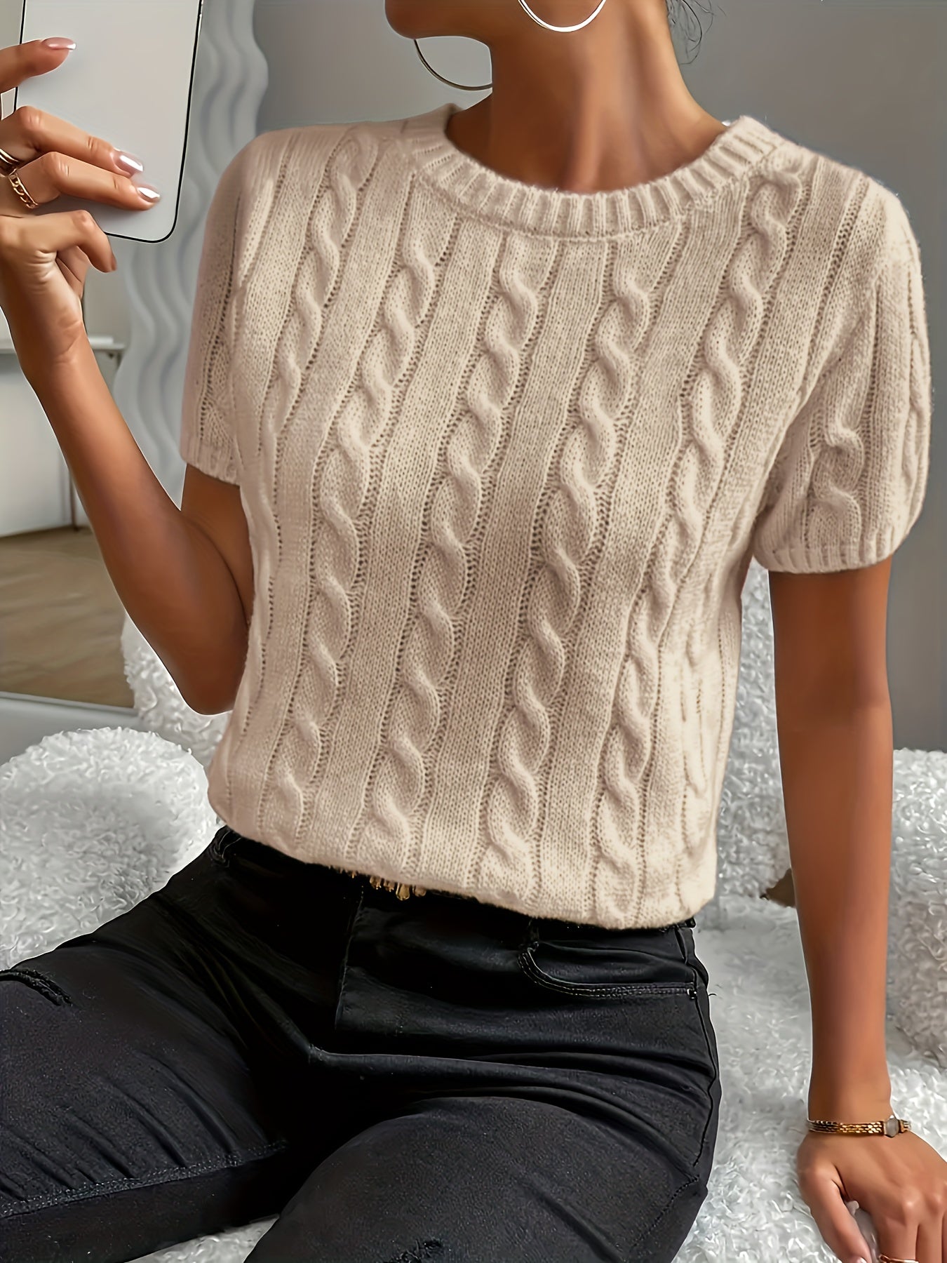 Women's Sweater Thick Round Neck Short Sleeve Solid Color Spring Summer Casual Top