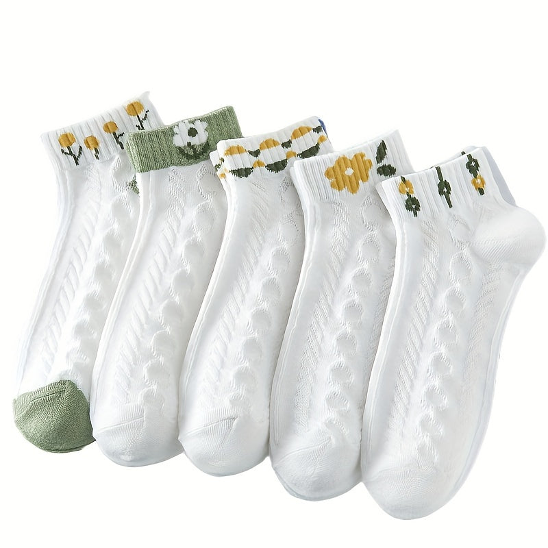 Pack de 5 calcetines cortos blancos de verano para mujer, calcetines de tobillo de punto para uso casual