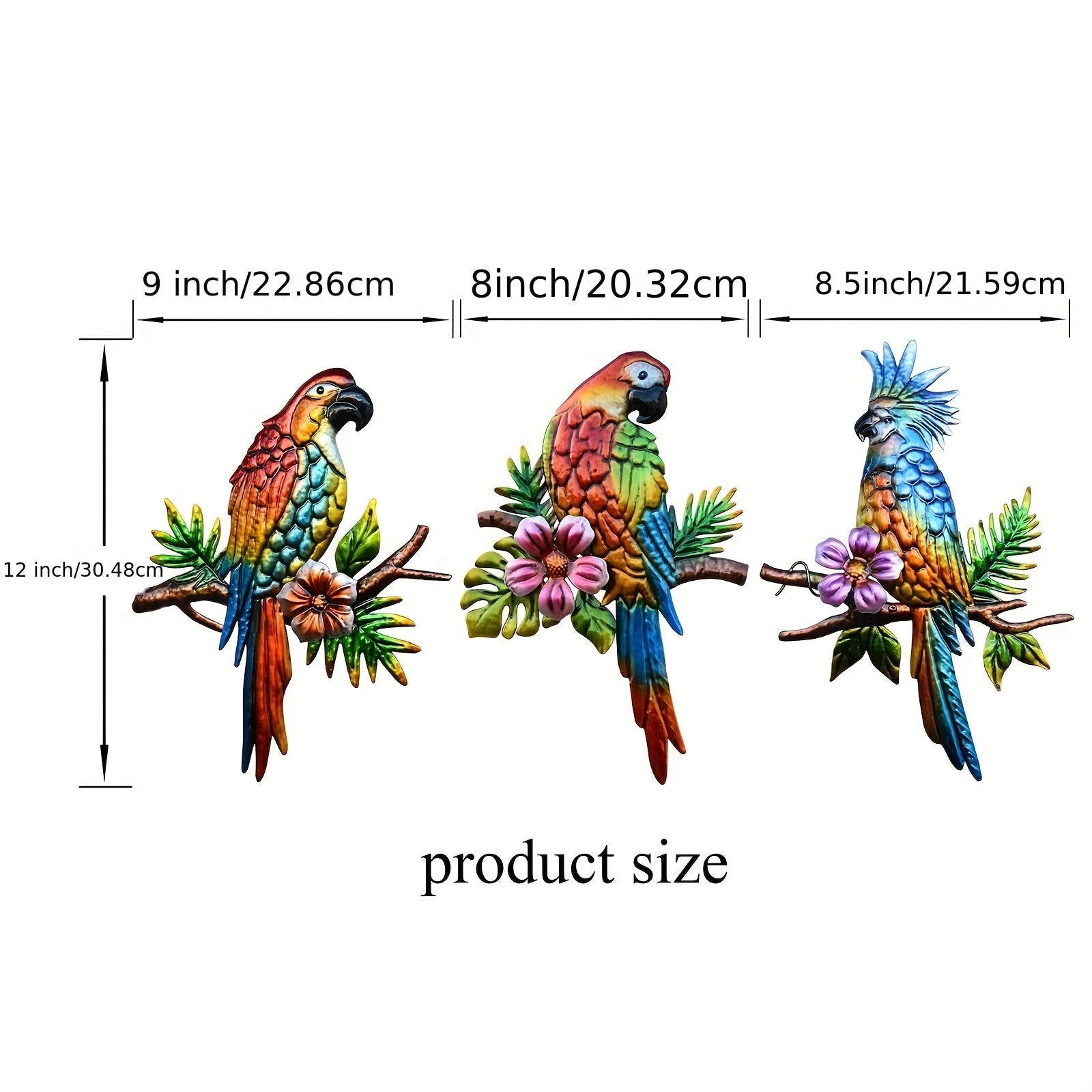 Set of 3 Metal Parrot Tropical Wall Art Decor for Indoor and Outdoor Use