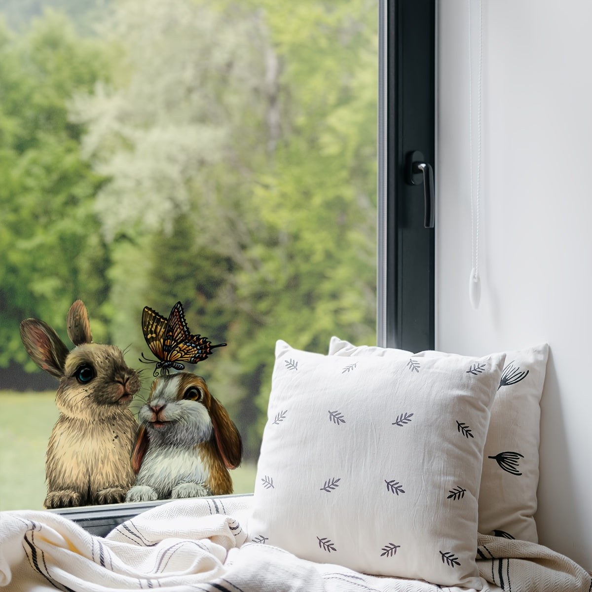 Rustic Vinyl Rabbit and Butterfly Window Cling Self-Adhesive Reusable Door Sticker