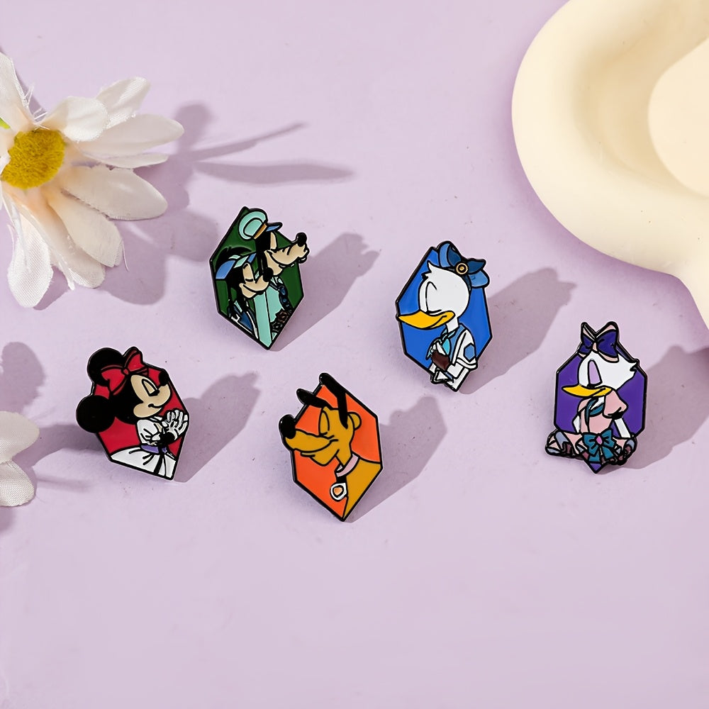 Set of 5 Cartoon Character Enamel Pins Minnie Donald Pluto Alloy Metal Badges